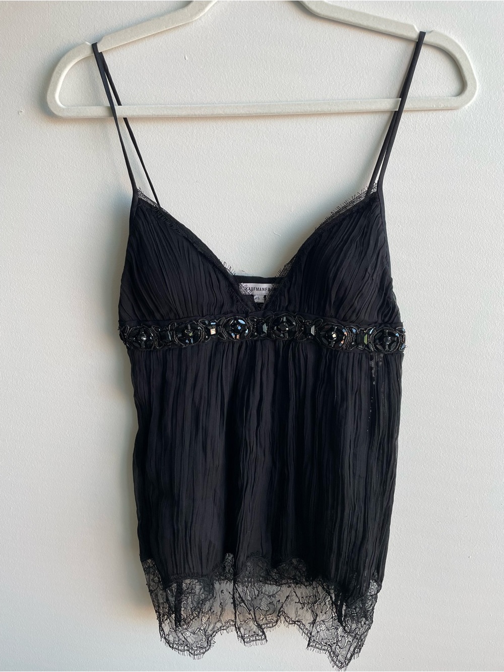 KaufmanFranco Black Beaded Silk Chiffon Lace Cami Top Y2K Size S
